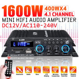 1600W Bluetooth Audio Power Amplifier, 4.1 Channel Support 2 Pairs Speakers 1 Subwoofer, Wireless Hifi Stereo Receivers for Home & Car