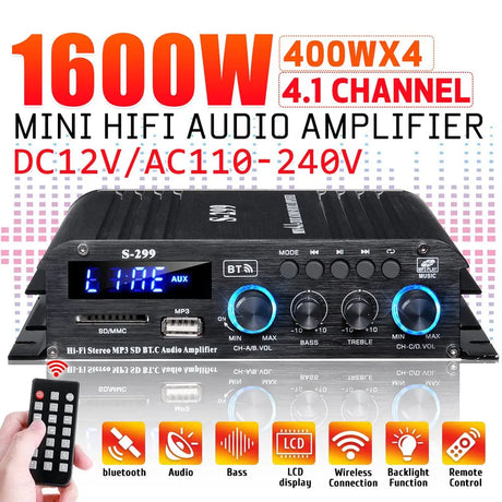 1600W Bluetooth Audio Power Amplifier, 4.1 Channel Support 2 Pairs Speakers 1 Subwoofer, Wireless Hifi Stereo Receivers for Home & Car