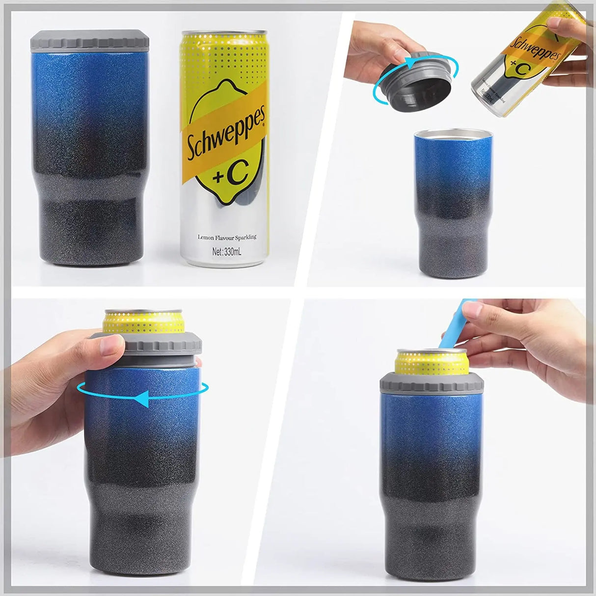 4 in 1 Can Cooler Water Bottle, 12Oz Stainless Steel Beer Bottle with Straw Fits Slim Skinny Bottle & Can, Non-Slip | Indigo Crush