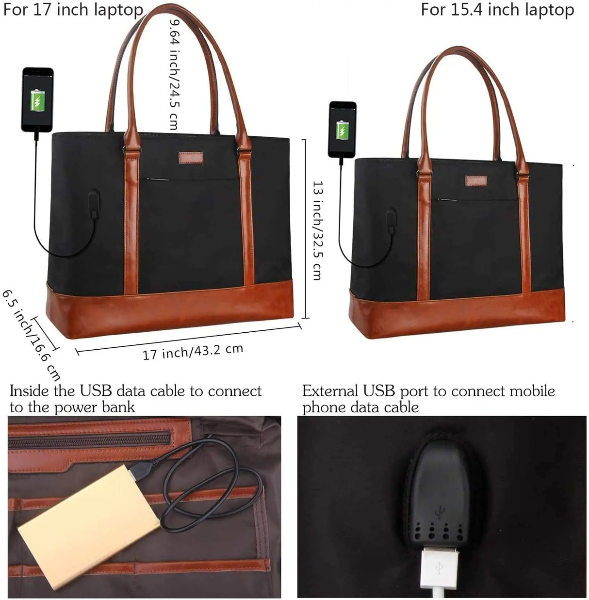 Woman Laptop Tote Bag,Usb Teacher Bag Large Work Bag Purse Fits 17.3 in Laptop,Lightweight Waterproof Computer Shoulder/Messenger Bag(Ablack)
