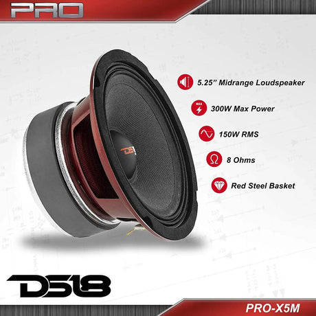 PRO-X5M Loudspeaker - 5.25", Midrange, Red Steel Basket, 300W Max, 150W RMS, 8 Ohms - Premium Quality Audio Door Speakers for Car or Truck Stereo Sound System (1 Speaker), Bullet