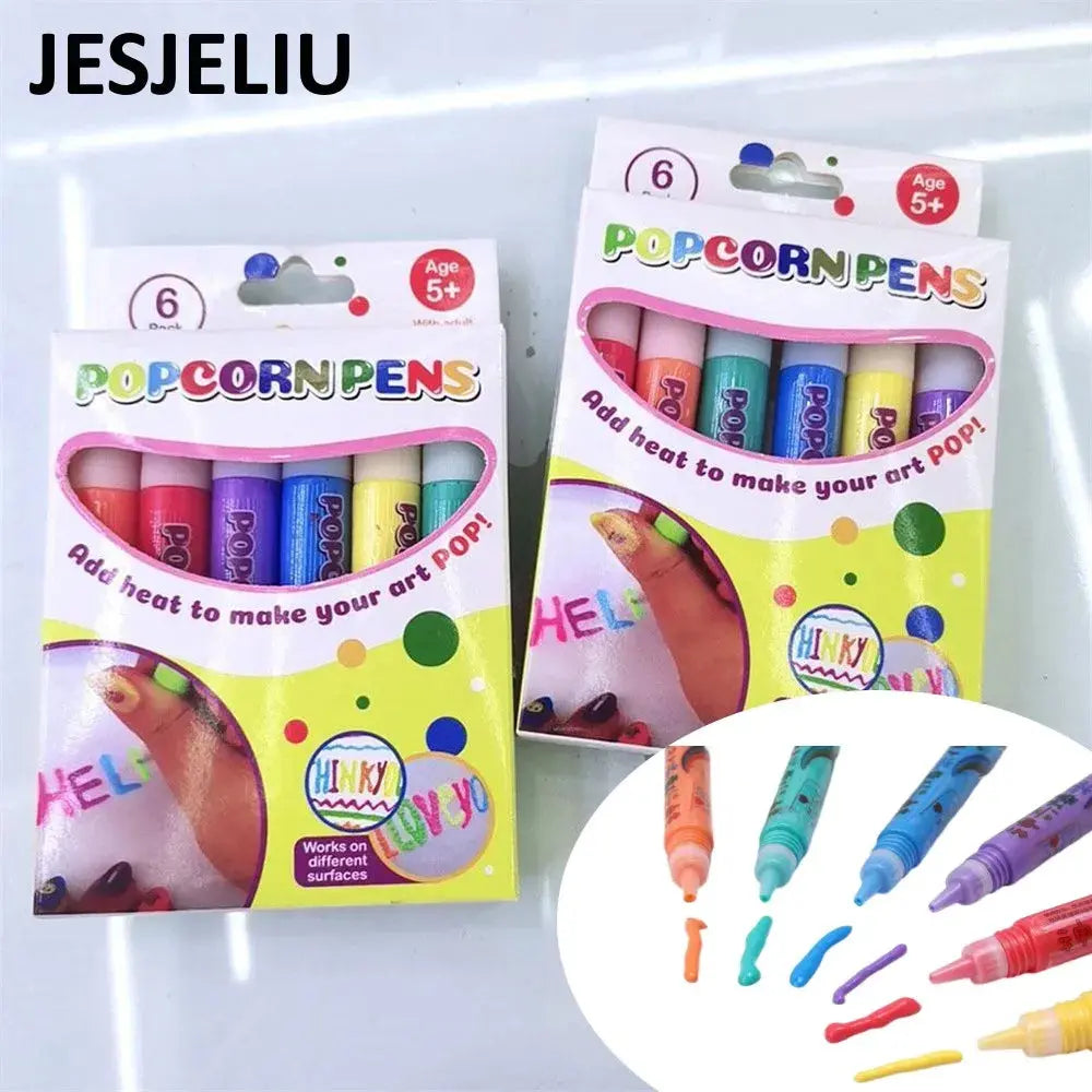 6Pcs Magic Popcorn Pens Puffy 3D Art Safe Pen for Greeting Birthday Cards Kids Bubble Pen Diy Handmade Cotton Pen Kids Gifts