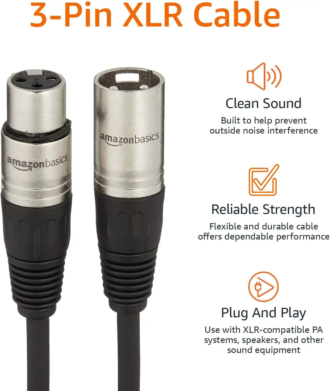 XLR Microphone Cable for Speaker or PA System, All Copper Conductors, 6MM PVC Jacket, 10 Foot, Black