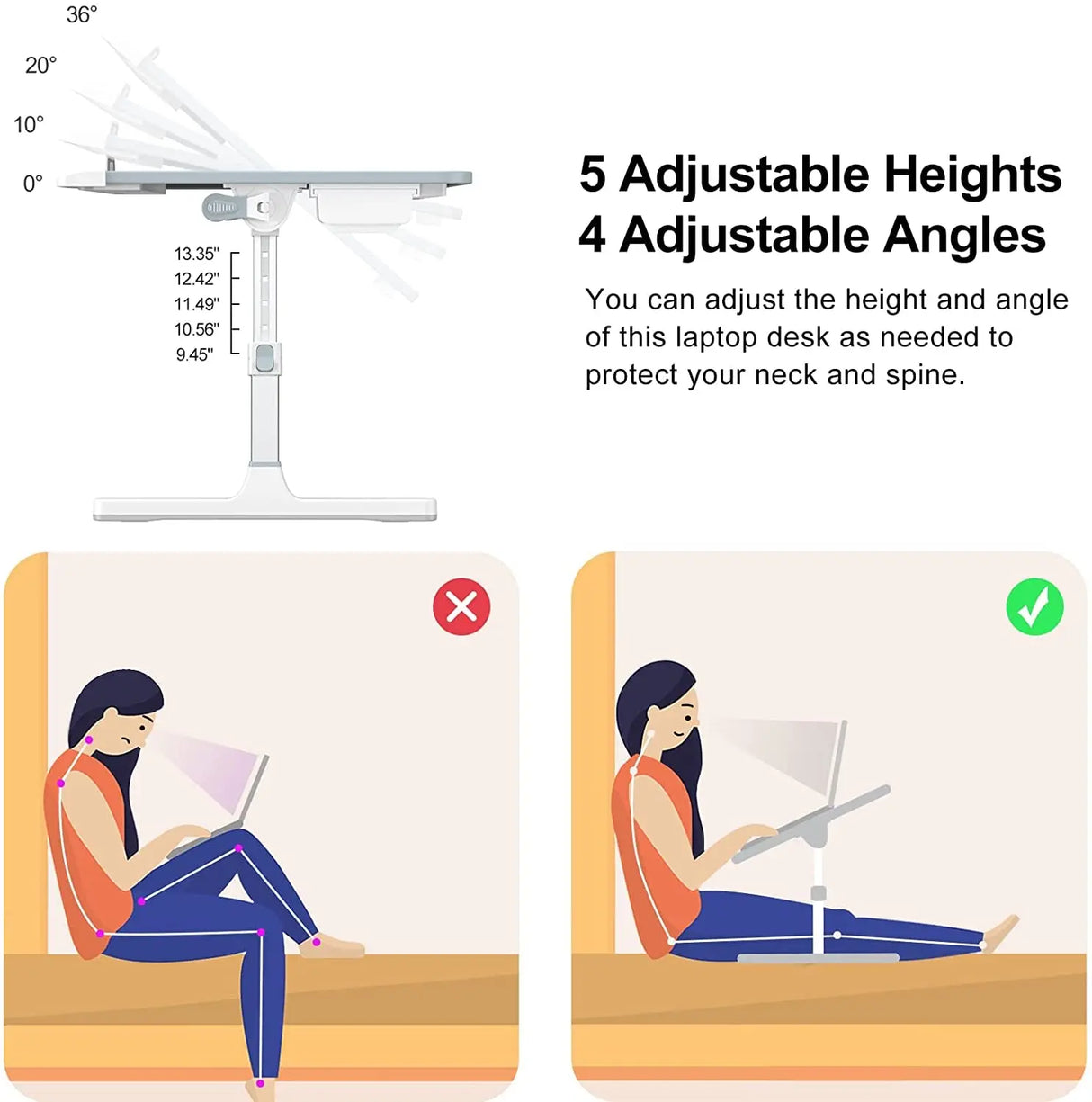 Bed Desk for Laptop, Adjustable Laptop Desk with Foldable Legs Storage Drawer Tablet Slot Removable Stopper, Portable Lap Desk for Writing Working Reading Eating