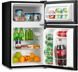 WHD-113FB1 Double Door Mini Fridge with Freezer for Bedroom Office or Dorm with Adjustable Remove Glass Shelves Compact Refrigerator, 3.1 Cu Ft, Black