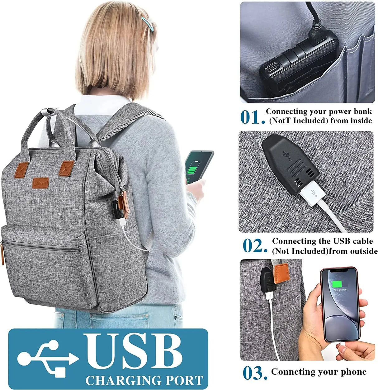 Laptop Backpack for Women Men, Personal Item Travel Bag for 15.6 Inch Computer with USB Charging Port Water Resistant College Nurse Backpack Bag Carry on Bookbag for Work/Business,Gray