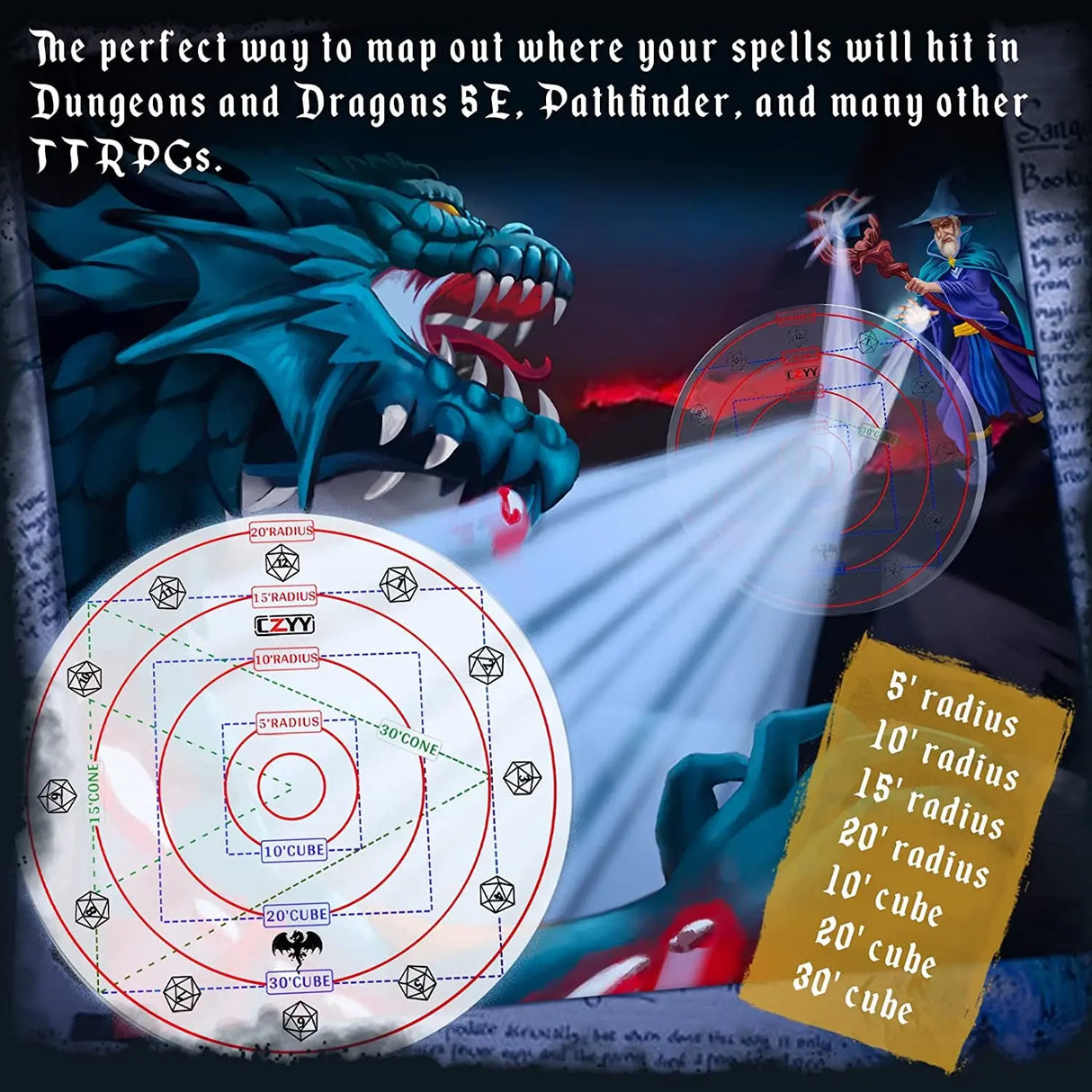 Upgraded Spell AOE Damage Template Extra Large to 30' Cube & 30' Cone, Acrylic D&D Area Effect Marker with Gift Box - Perfect Tabletop RPG Gaming Accessories, Tools for Dungeons and Dragons, Ttrpgs