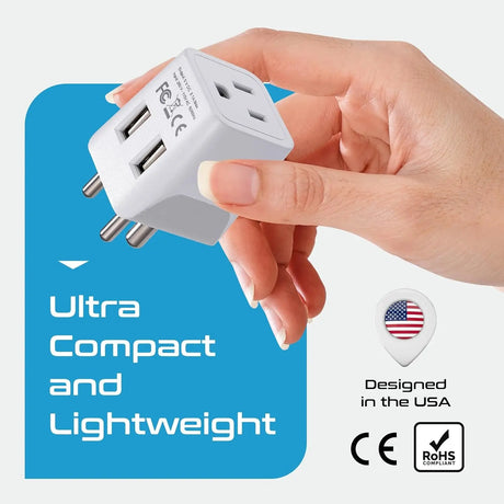 India, Nepal, Bangladesh Travel Adapter Plug with Dual USB - Type D - Usa Input - Ultra Compact - Safe Grounded Perfect for Cell Phones, Laptops, Camera (CTU-10)