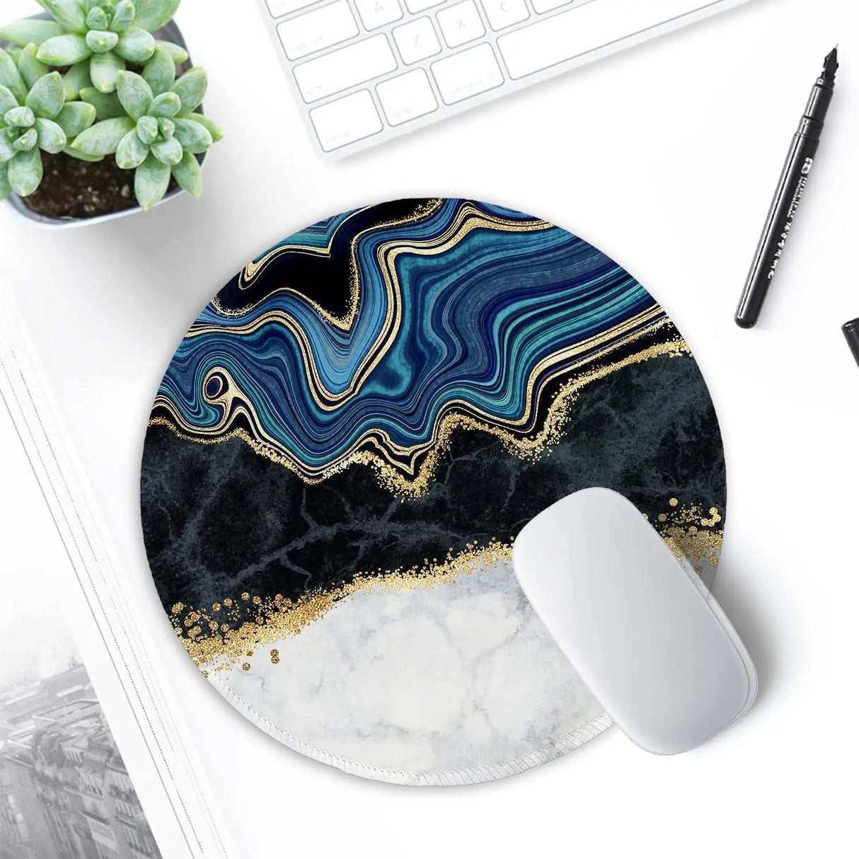 [20% Larger Mouse Pad with Stitched Edge, Premium-Textured Mouse Mat Waterproof Non-Slip Rubber Base round Mousepad for Office Gaming PC Laptop 8.7×8.7 Inches, Abstract Art Marble