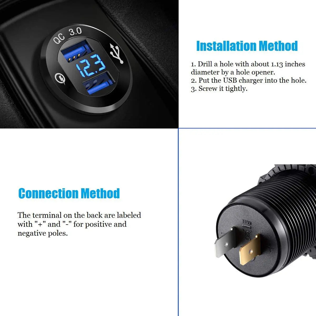 12V USB Outlet Quick Charge 3.0 Dual USB Charger Socket, USB Cigarette Lighter Socket with LED Voltmeter, Waterproof Aluminum Car Charger Adapter DIY Kit for Car Marine Truck Golf Cart RV, Etc.
