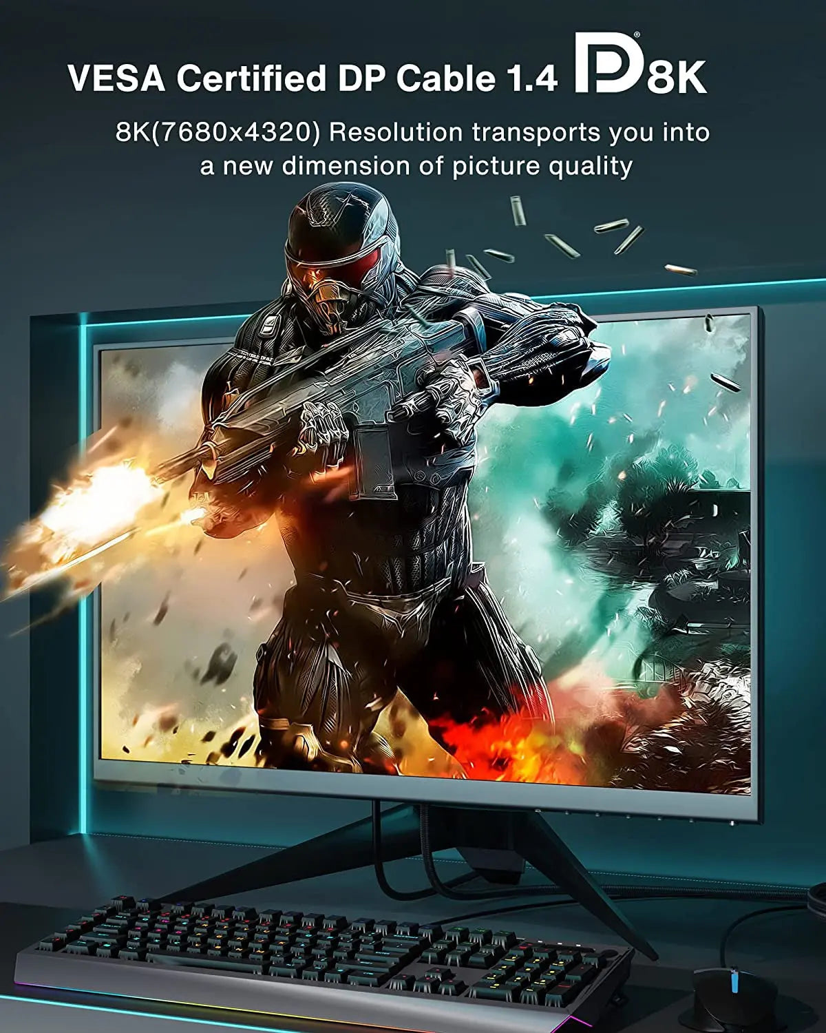 8K Displayport Cable 1.4, VESA Certified DP Cable 6.6Ft (8K@60Hz, 4K@144Hz, 2K@240Hz)Hbr3 Support 32.4Gbps, HDR, HDCP 2.2, Freesync G-Sync, Braided Display Port for Gaming Monitor, Graphics, PC