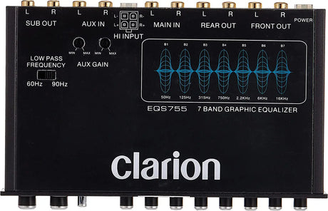 EQS755 7-Band Car Audio Graphic Equalizer with Front 3.5Mm Auxiliary Input, Rear RCA Auxiliary Input and High Level Speaker Inputs, BLACK