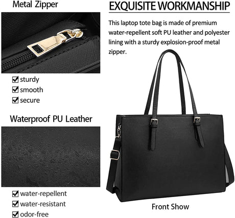 Laptop Bag for Women Waterproof Lightweight Leather 15.6 Inch Computer Tote Bag Business Office Briefcase Large Capacity Handbag Shoulder Bag Professional Office Work Bag Black