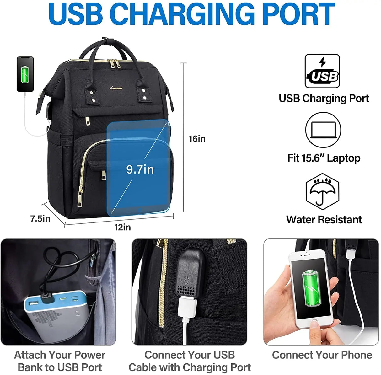 Laptop Backpack Women Teacher Backpack Nurse Bags, 15.6 Inch Womens Work Backpack Purse Waterproof Anti-Theft Travel Back Pack with USB Charging Port (Black)…