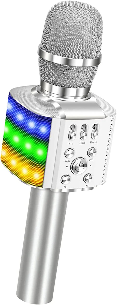 Wireless Bluetooth Karaoke Microphone with Controllable LED Lights, 4 in 1 Portable Karaoke Machine Mic Speaker for All Smartphones, Birthday Holiday Party Gifts for Kids & Adults(Q36 Silver)