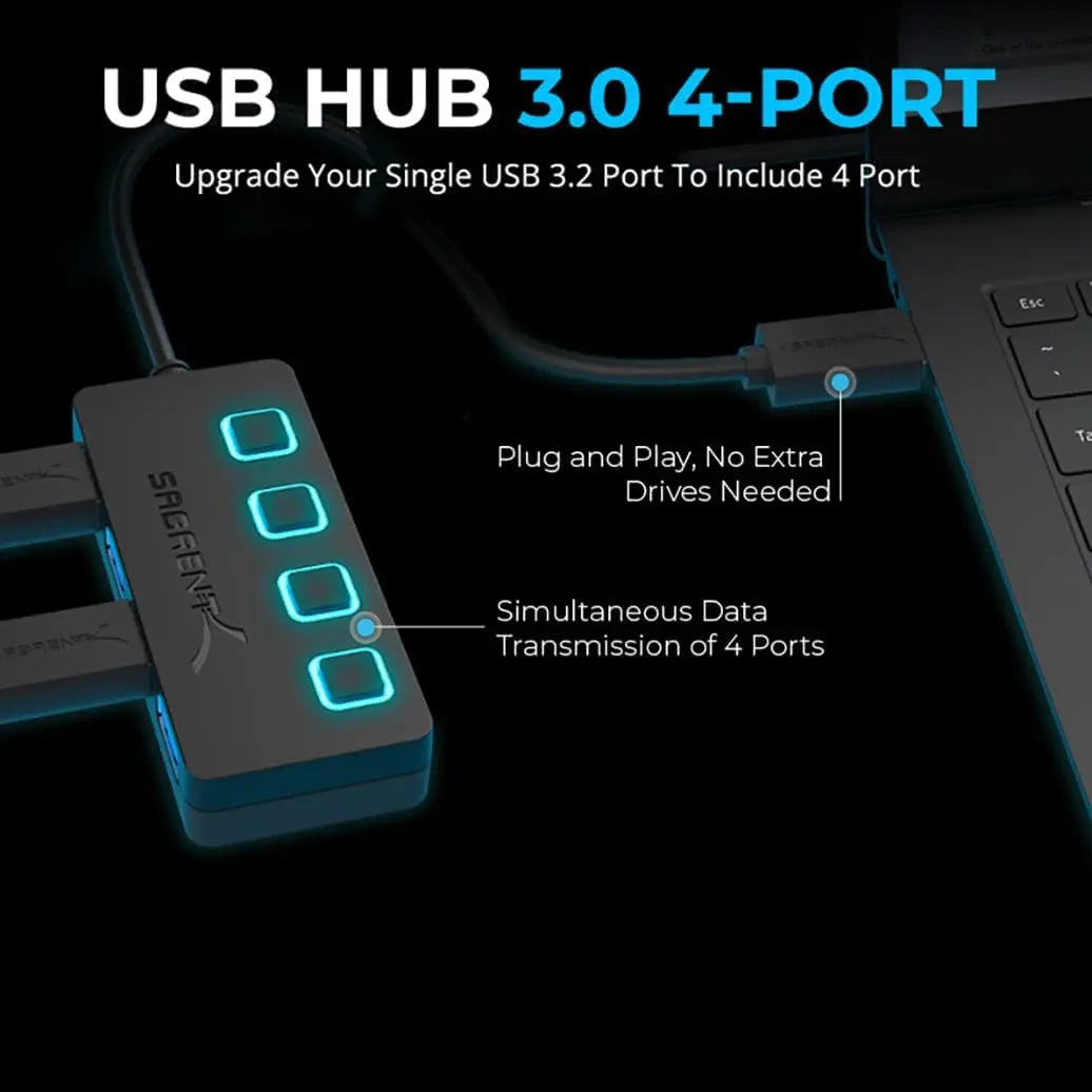 4-Port USB Hub, USB 3.0 Fast Data Hub with Individual LED Power Switches, 2 Ft Cable, Slim & Portable, for Mac & PC (HB-UM43)