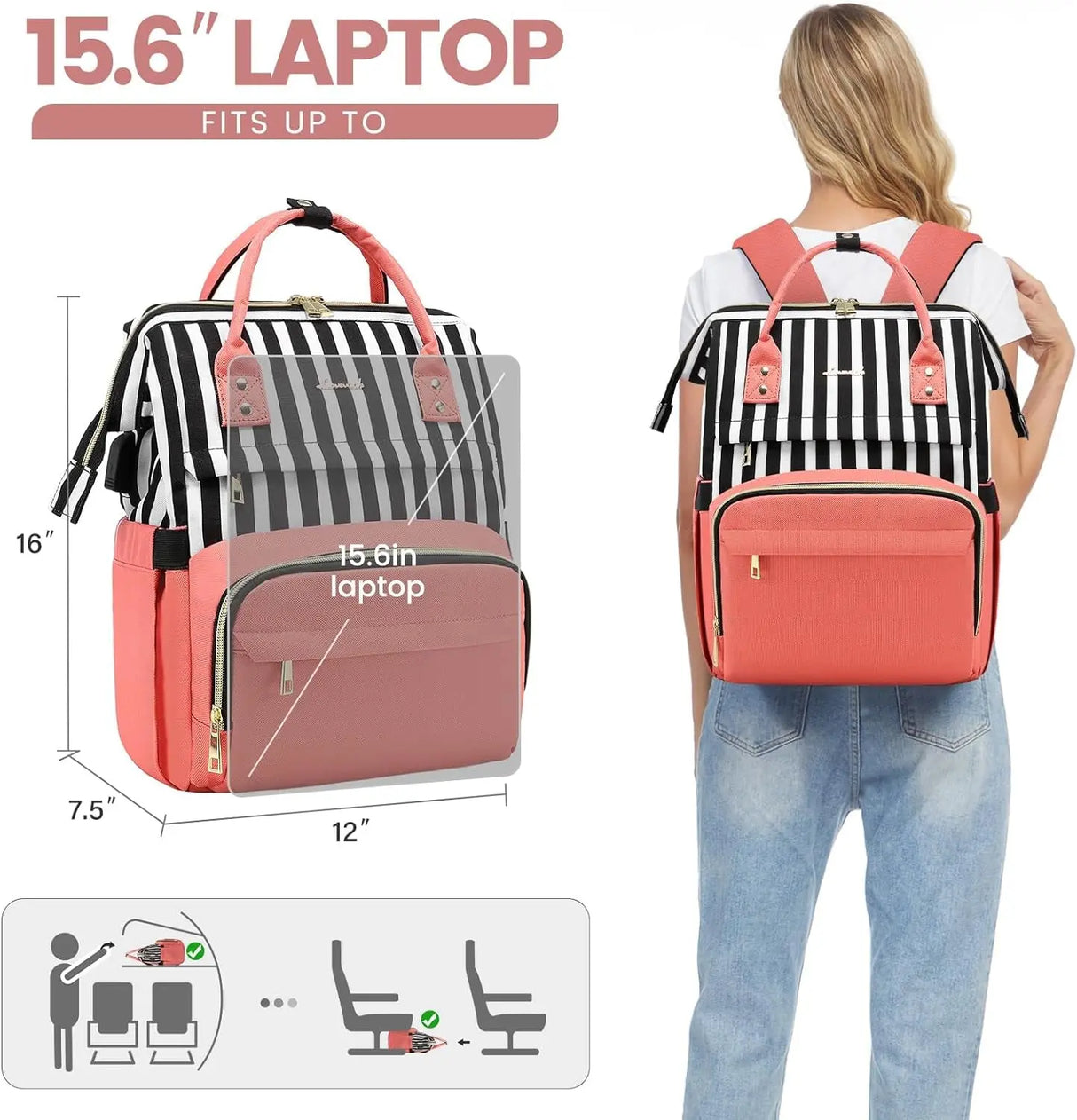 Laptop Backpack for Women,15.6 Inch Professional Womens Travel Backpack Purse Computer Laptop Bag Nurse Teacher Backpack,Waterproof Work Bags Carry on Back Pack with USB Port,Stripe Pink