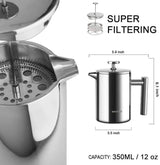 French Press Coffee Maker, 304 Grade Stainless Steel Insulated Coffee Press with 2 Extra Screens, 12Oz (0.35 Litre), Silver (SFP-12DS)