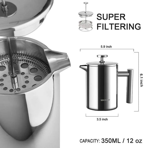 French Press Coffee Maker, 304 Grade Stainless Steel Insulated Coffee Press with 2 Extra Screens, 12Oz (0.35 Litre), Silver (SFP-12DS)