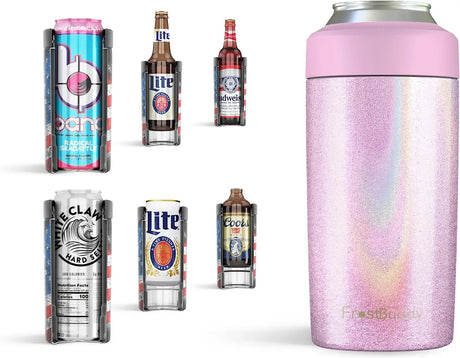 Universal Can Cooler - Fits All - Stainless Steel Can Cooler for 12 Oz & 16 Oz Regular or Slim Cans & Bottles - Stainless Steel (Pink Glitter)