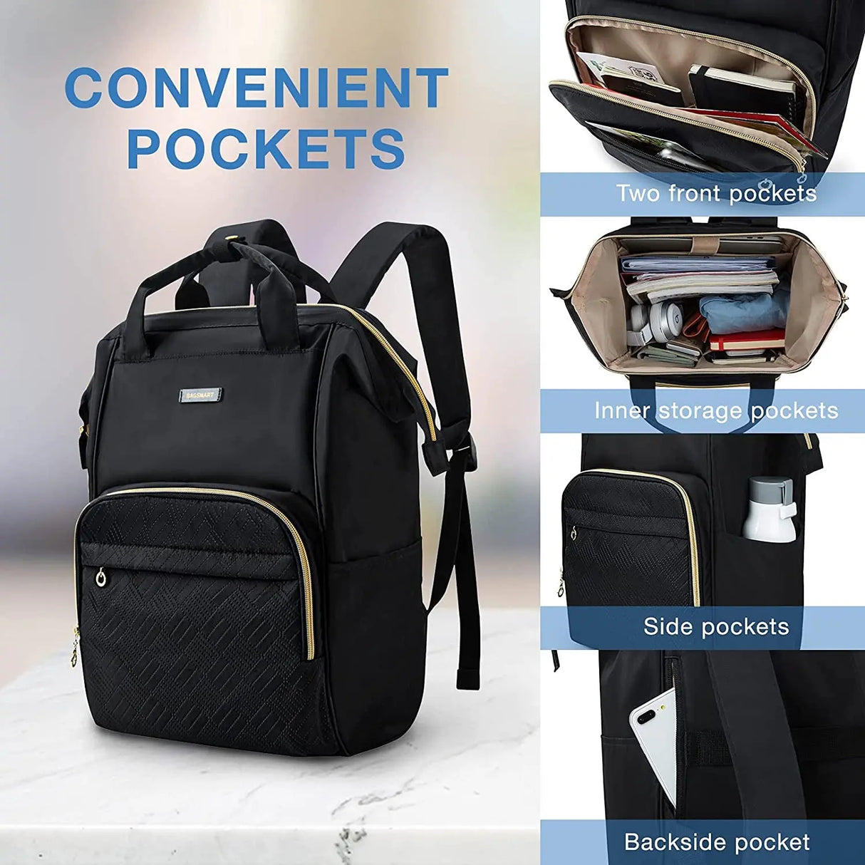 Laptop Backpack Purse for Women, 15.6 Inch Travel Laptop Backpacks, Black Teacher Backpack for College Work Business Trip (Black)
