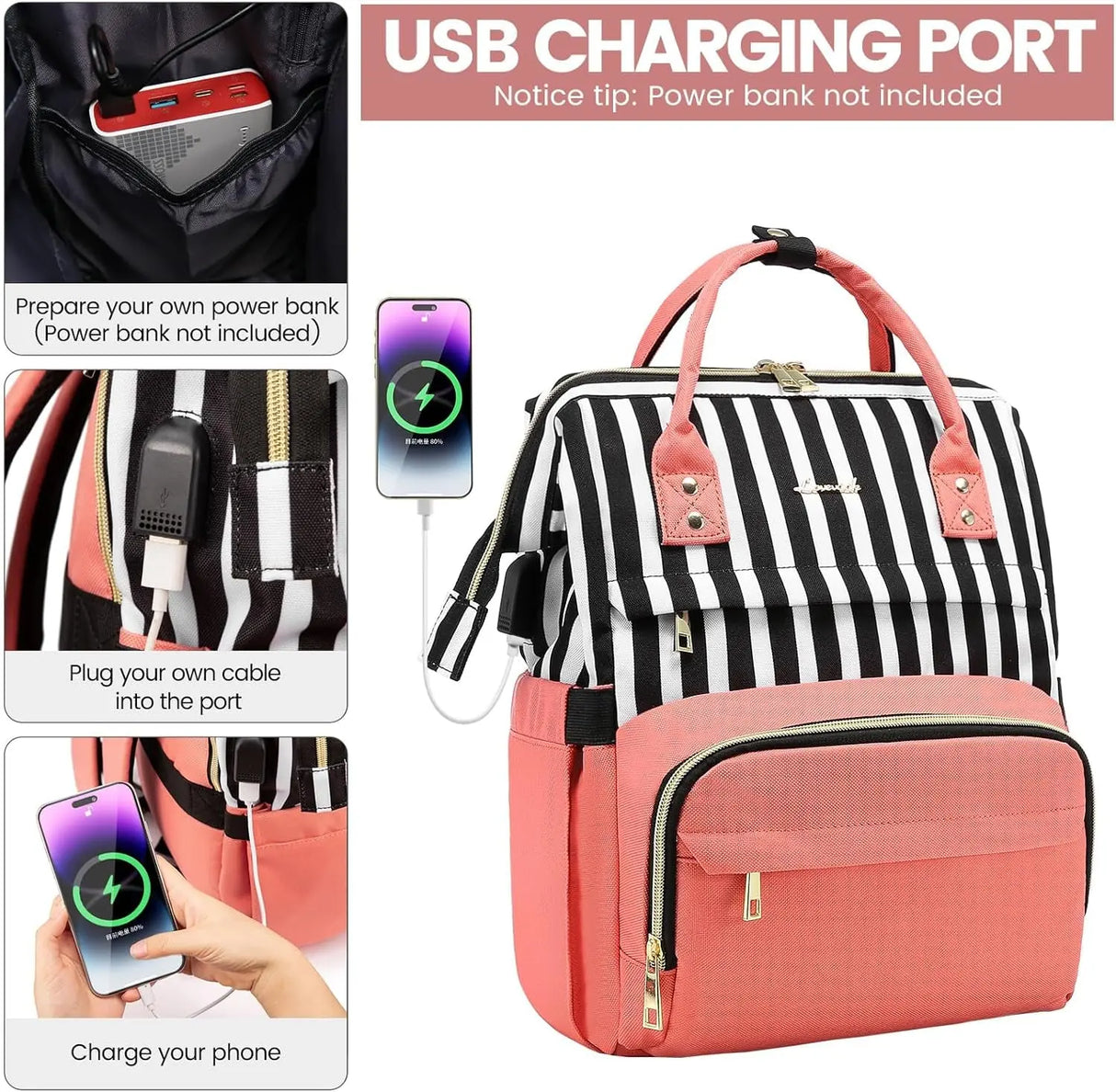 Laptop Backpack for Women,15.6 Inch Professional Womens Travel Backpack Purse Computer Laptop Bag Nurse Teacher Backpack,Waterproof Work Bags Carry on Back Pack with USB Port,Stripe Pink