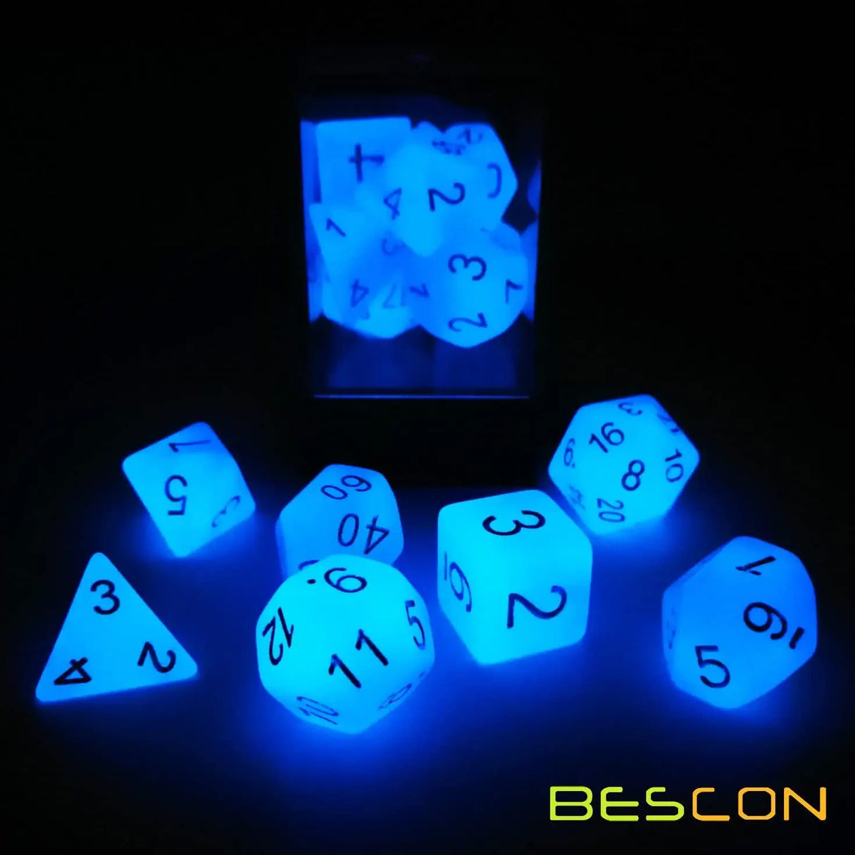Bescon Gemini Glowing Polyhedral Dice 7Pcs Set ICY Rocks, Luminous RPG Dice Set D4 D6 D8 D10 D12 D20 D%, Brick Box Packaging