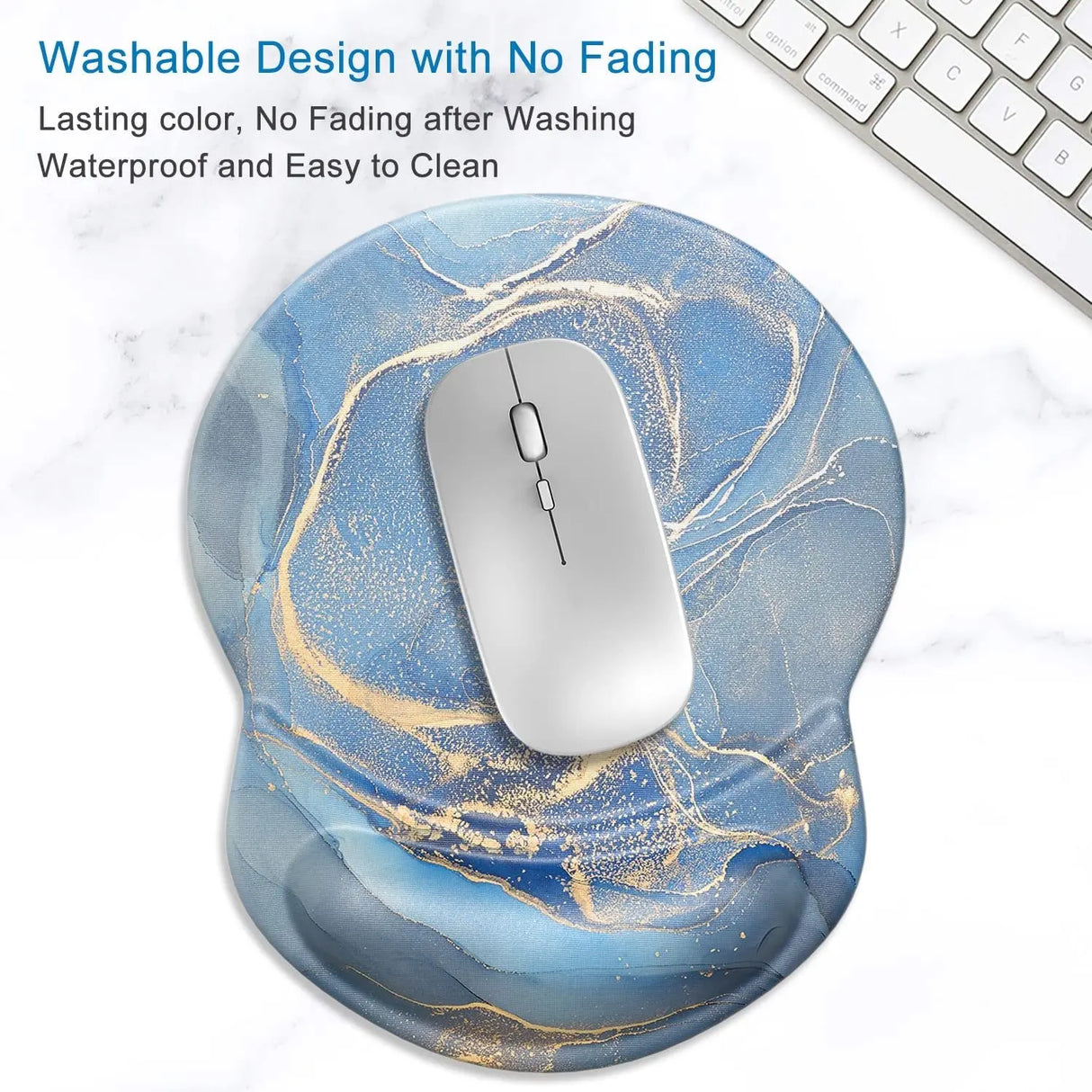 Mouse Pad, Ergonomic Mouse Pad with Gel Wrist Rest Support, Gaming Mouse Pad with Lycra Cloth, Non-Slip PU Base for Computer, Laptop, Home, Office & Travel, Blue Marble Texture