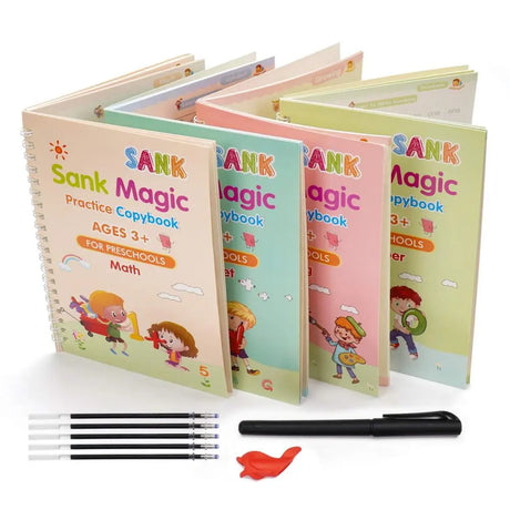 4 Books + Pen Magic Copy Book Free Wiping Children'S Kids Writing Sticker Practice English Copybook for Calligraphy Montessori