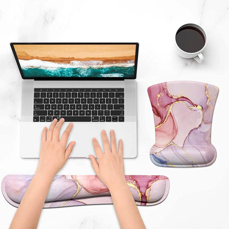 Mouse Pad Wrist Support Keyboard Wrist Rest Pad Ergonomic Mousepad Non-Slip Memory Foam Keyboard Pad Easy Typing Pain Relief Perfect for PC Laptop Gaming Office,Pretty Pink Marble