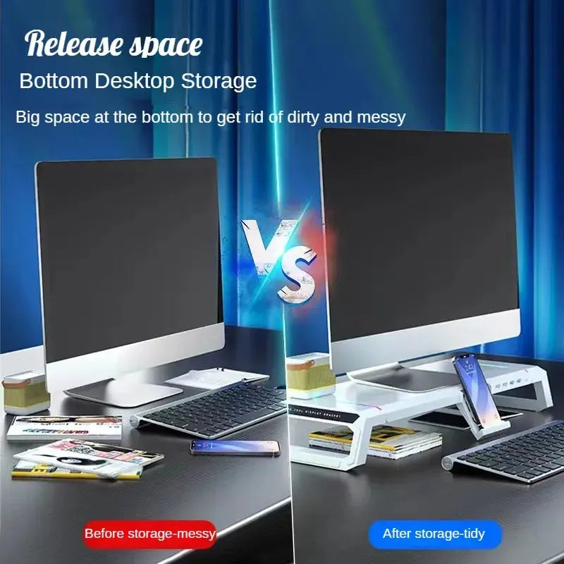 RGB Gaming Computer Monitor Stand, Riser with 4 USB, Foldable Monitor Riser, Storage Drawer and Phone Holder for PC and Laptop