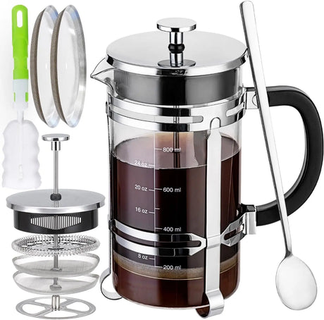 French Press Coffee Tea Maker（34Oz）,304 Stainless Steel Coffee Press with 4 Filters Screen-100% No Residue -German Heat-Resistant Borosilicate Glass- BPA FREE -Dishwasherable，Silver