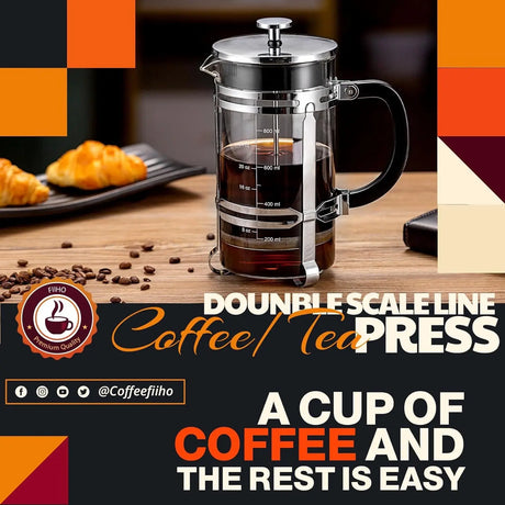 French Press Coffee Tea Maker（34Oz）,304 Stainless Steel Coffee Press with 4 Filters Screen-100% No Residue -German Heat-Resistant Borosilicate Glass- BPA FREE -Dishwasherable，Silver
