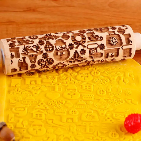 1Pc 13.7In Wooden Christmas Embossed Rolling Pin for Pastry Baking Tools,Santa Claus Elk Boots Deep Engraving Cookies Stamp Tool
