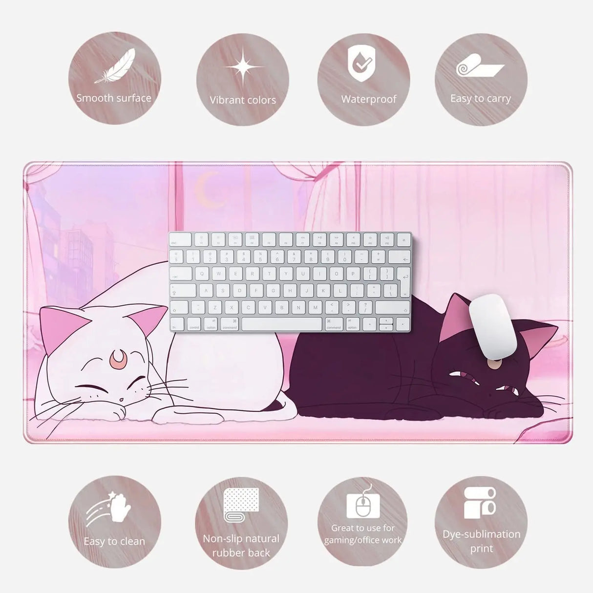 Desk Pad Pink Anime White Cat Black Cat Gaming Mouse Pad Large, Office Decor Exclusive Beautiful Girls Non-Slip Rubber Computer Mat for Women Desktop with Stitched Edges 31.5X15.7 In
