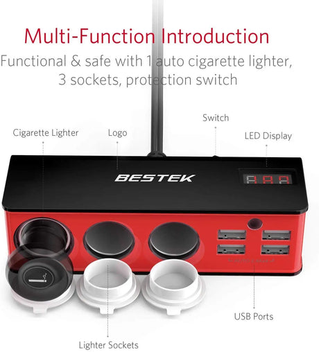 3-Socket 200W 12V/24V DC Cigarette Lighter Power Adapter with 6A 4-Port Car USB Splitter Charger,Samsung Galaxy S9