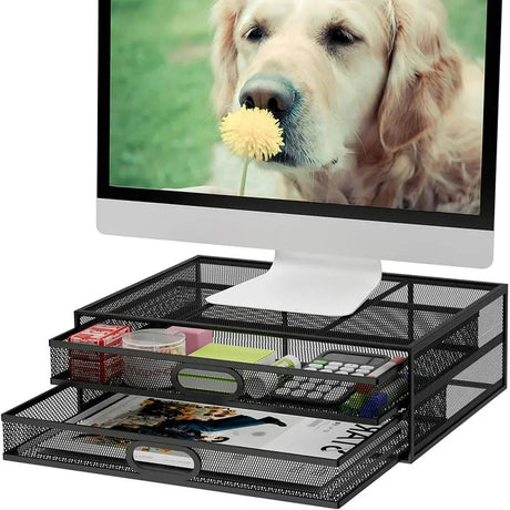 Monitor Stand, Monitor Stand with Drawer, Monitor Riser Mesh Metal, Desk Organizer, Monitor Stand with Storage, Desktop Computer Stand for PC, Laptop, Printer