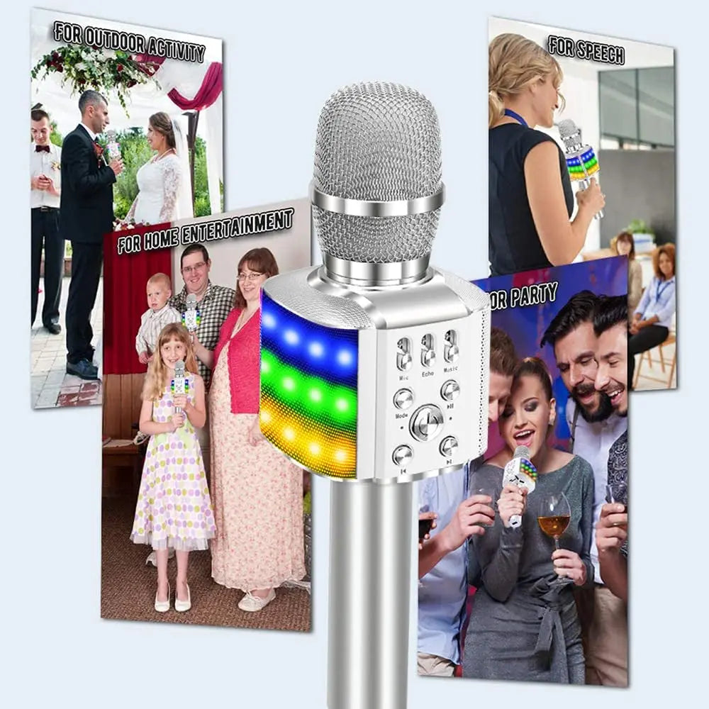Wireless Bluetooth Karaoke Microphone with Controllable LED Lights, 4 in 1 Portable Karaoke Machine Mic Speaker for All Smartphones, Birthday Holiday Party Gifts for Kids & Adults(Q36 Silver)