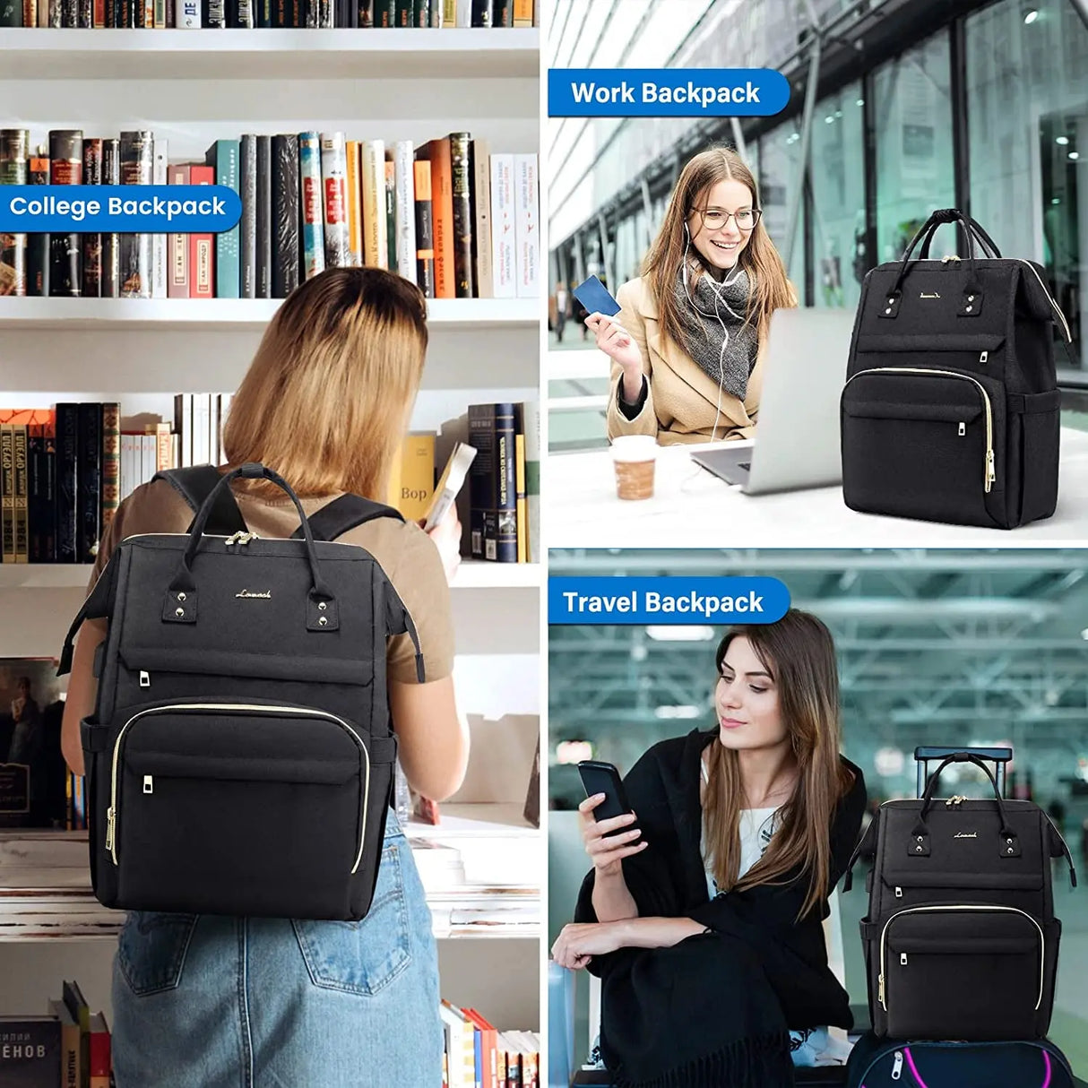 Laptop Backpack Women Teacher Backpack Nurse Bags, 17 Inch Womens Work Backpack Purse Waterproof Anti-Theft Travel Back Pack with USB Charging Port (Black)