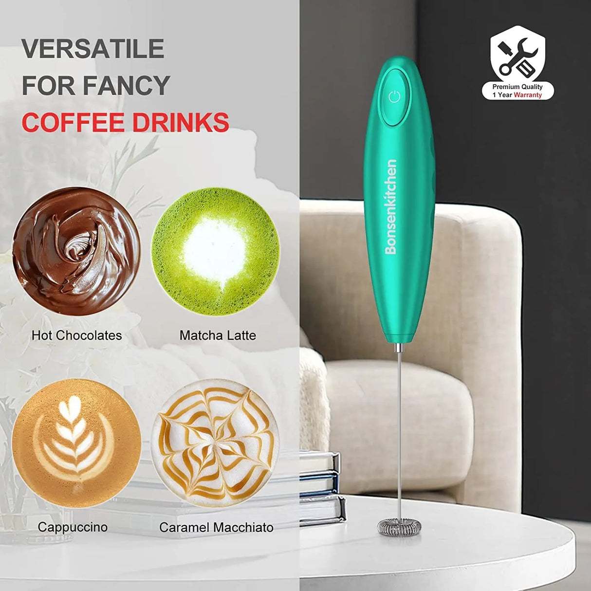 Handheld Milk Frother, Electric Hand Foamer Blender for Drink Mixer, Perfect for Bulletproof Coffee, Matcha, Hot Chocolate, Mini Battery Operated Milk Whisk Frother-Seafoam