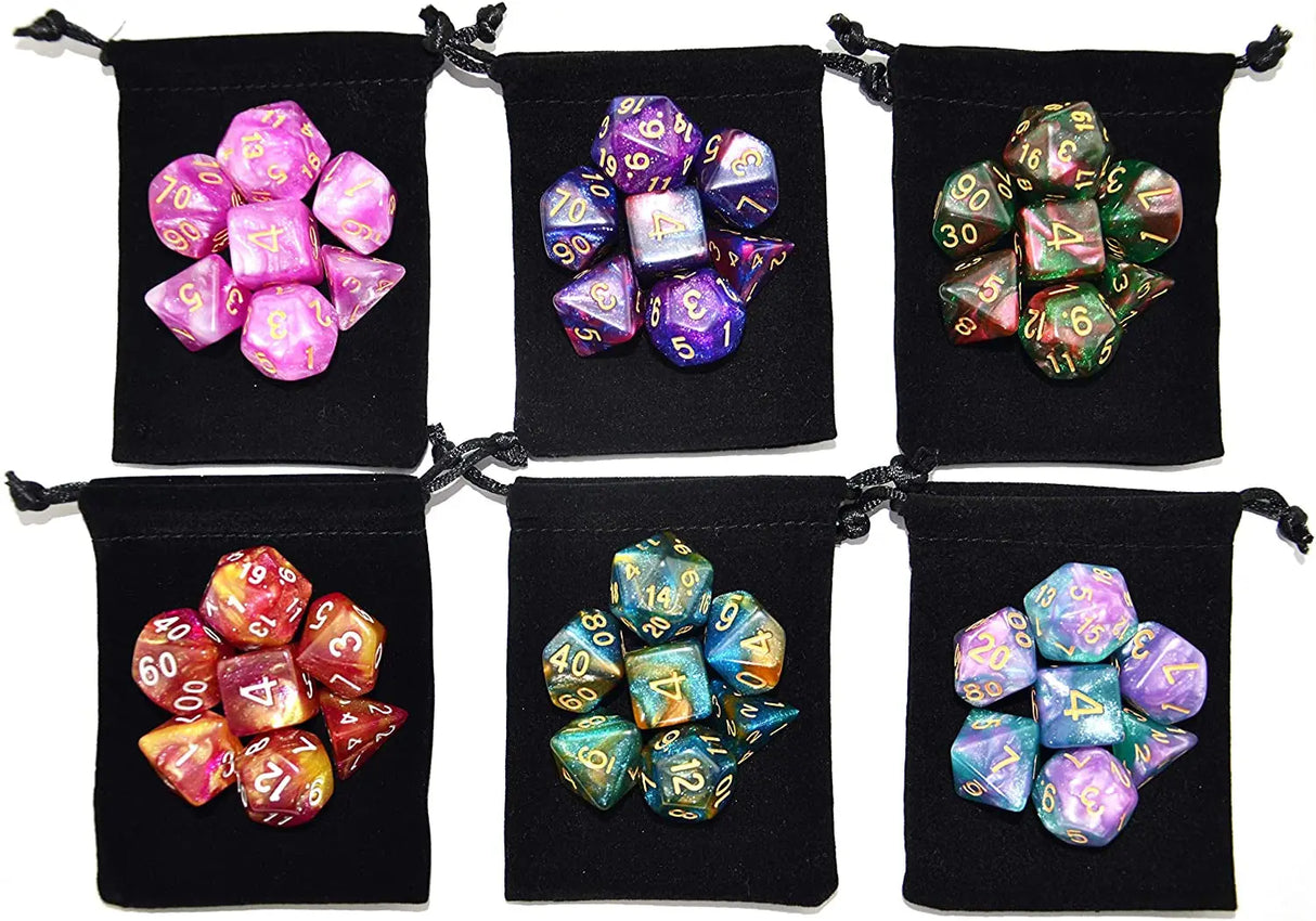 6 X 7 Sets (42 Pcs) Glitter Polyhedral Dice Sets with Pouches for DND RPG MTG Dungeon and Dragons Table Board Roll Playing Games D4 D8 D10 D12 D20 (6 Sets)