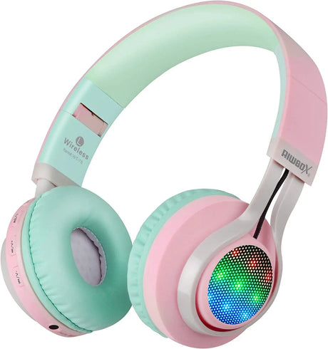 WT-7S Bluetooth Headphones Light Up, Foldable Stero Wireless Headset with Microphone and Volume Control for Pc/Tablet/Tv/Travel (Pink Green)