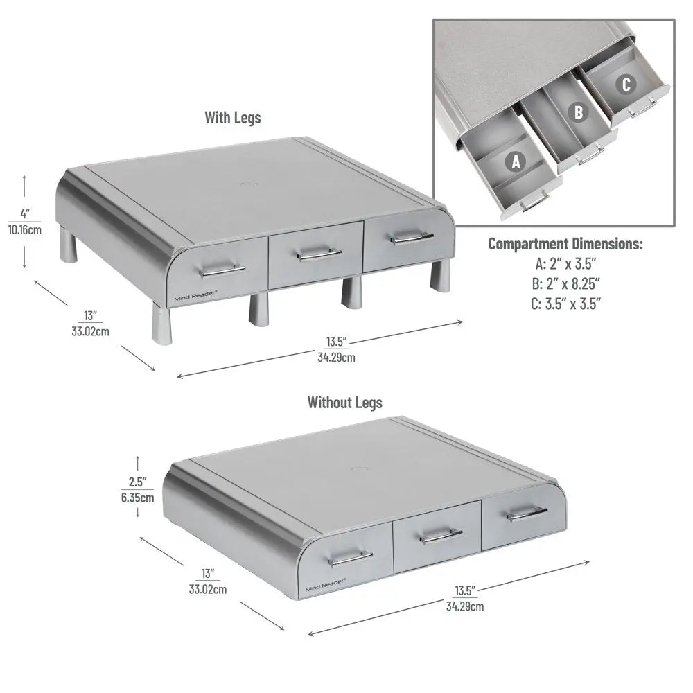 Plastic PC, Laptop Imac, Monitor Stand with Three Drawer Desk Organizer, Silver