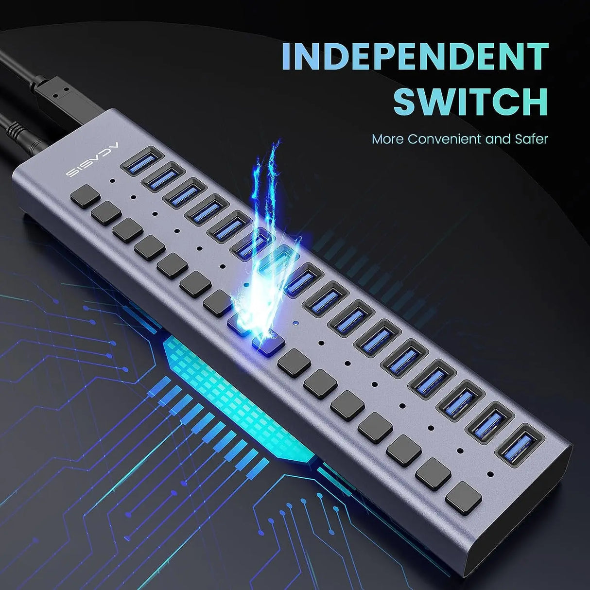 Powered USB Hub -  16 Ports 90W USB 3.0 Data Port, Aluminum Housing, Individual On/Off Switches, 12V/7.5A Power Adapter, 5Gbps High Speed, USB 3.0 Hub for Laptop, PC, Computer, Mobile HDD