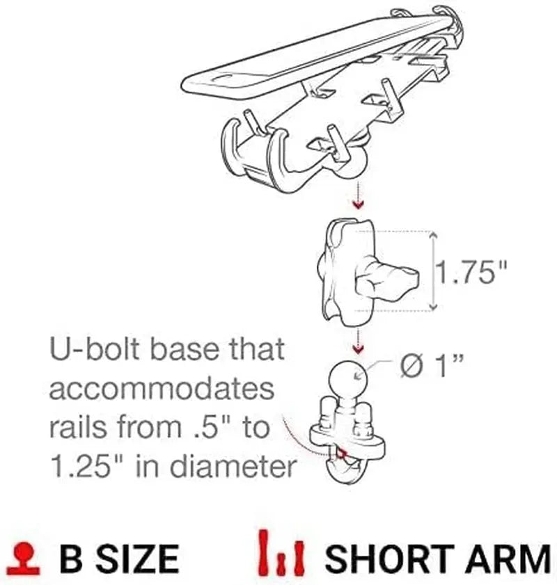 Quick-Grip Large Phone Mount with Handlebar U-Bolt Base RAM-B-149Z-A-PD4U with Short Arm for Motorcycle, ATV/UTV, Bike