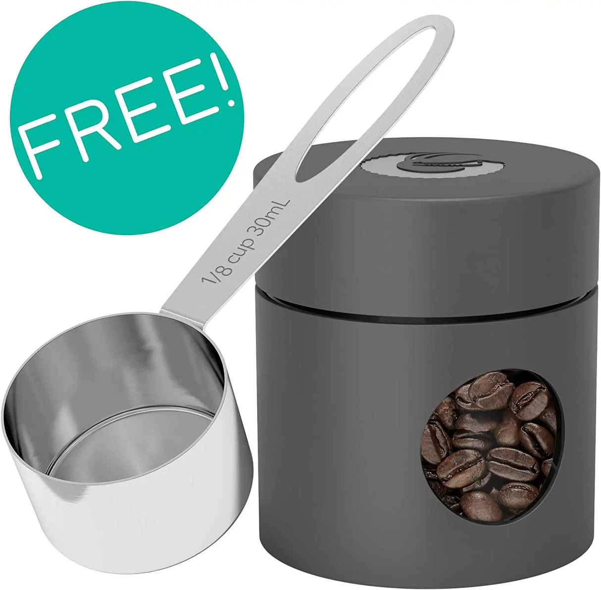 Stainless Steel Canister - Medium 16Oz, Gray Coffee Grounds and Beans Container with Date-Tracker, Co2-Release Valve, and Measuring Scoop - Ideal Coffee Lovers Gifts for Her