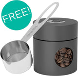 Stainless Steel Canister - Medium 16Oz, Gray Coffee Grounds and Beans Container with Date-Tracker, Co2-Release Valve, and Measuring Scoop - Ideal Coffee Lovers Gifts for Her