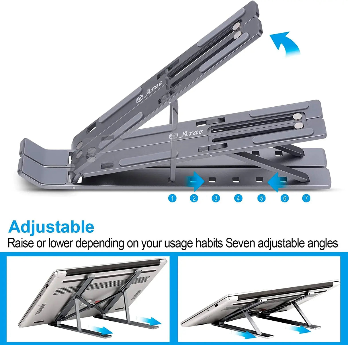 Laptop Stand for Desk, Adjustable Ergonomic Portable Aluminum Holder, Foldable for Computer, 7 Angles Anti-Slip Riser Compatible with 9-15.6 Inch Laptops, Gray