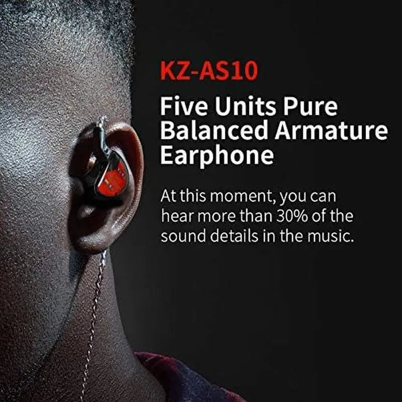 KZ AS10 IEM Headphone, 5 Balanced Armature Driver KZ Earbuds Wired Earphone, Stereo Hifi KZ in Ear Monitor Headphone Musician Headset Headphone with Detachable 2 Pin Cable(No Microphone, Black)