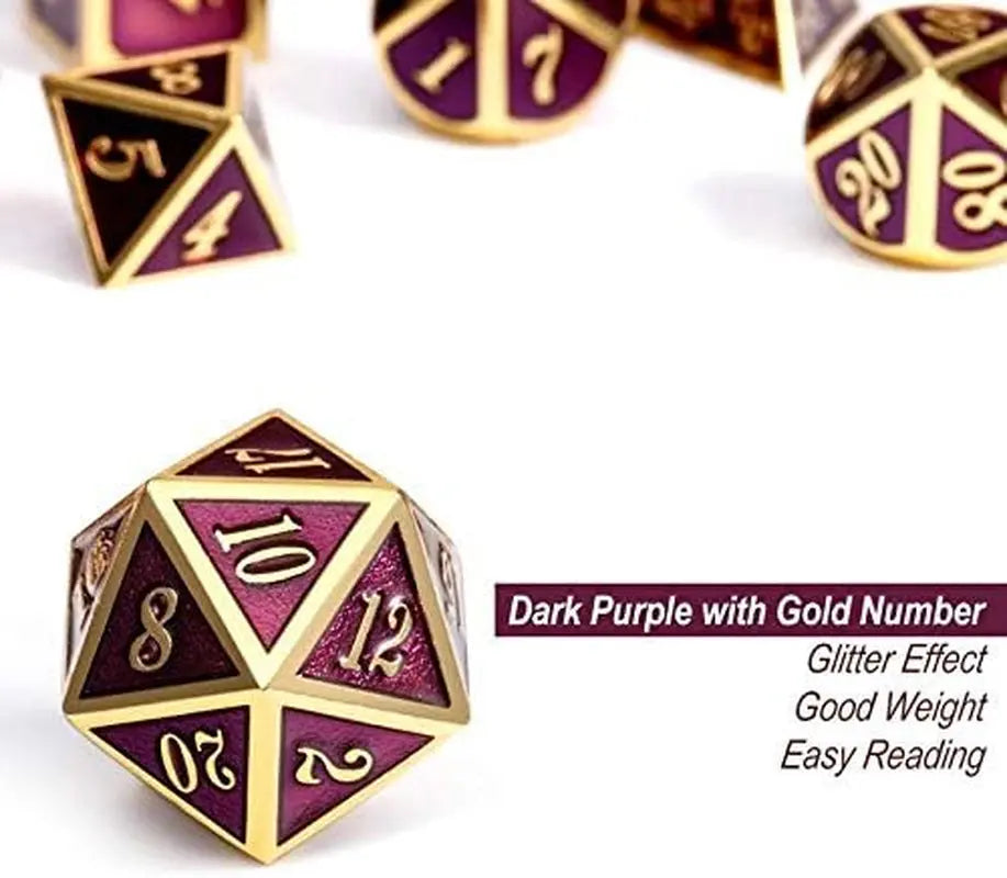 Table Game Metal Dice Set, 7PCS D&D Metal Die with Metal Gift Box for Tabletop Games Dungeons and Dragons Dice (Dark Purple and Gold Number)